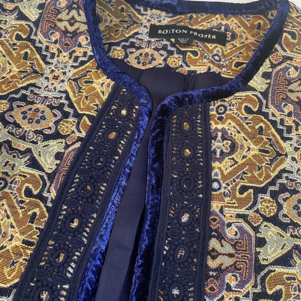 Boston Proper Fringe Tapestry Novelty Jacket Velvet Trim Size 14 Multicolor NWOT - Picture 5 of 16